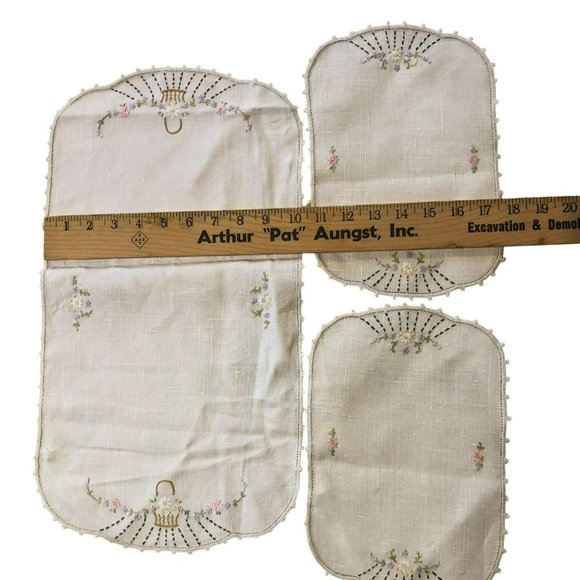 Embroidered Dresser Scarf Set 3 Floral Basket MCM Cottagecore - Picture 6 of 6